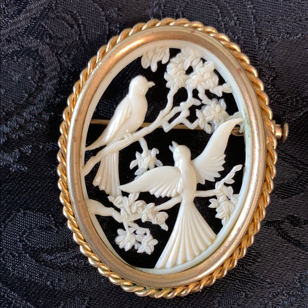 Antique French Depose Celluloid Pin With Two Birds